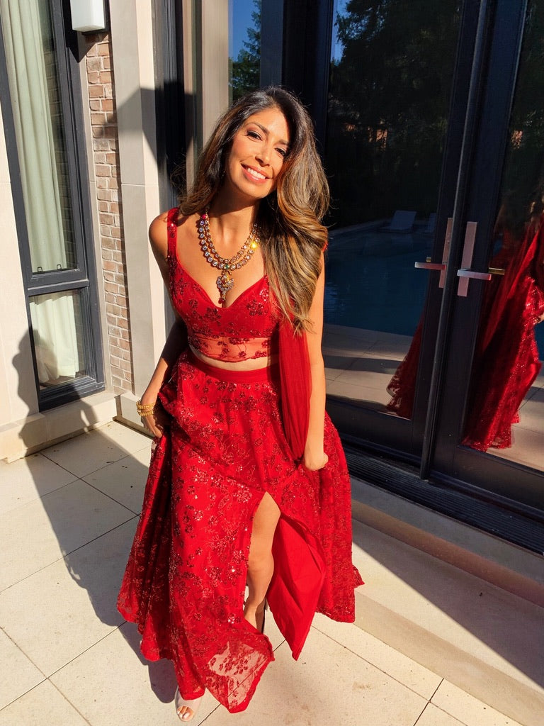 Pooja Handa, co-host of CHFI’s The Pooja and Gurdeep Show, wearing the PRI Lehenga Set — a modern Indian ensemble with intricate detailing and timeless elegance.
