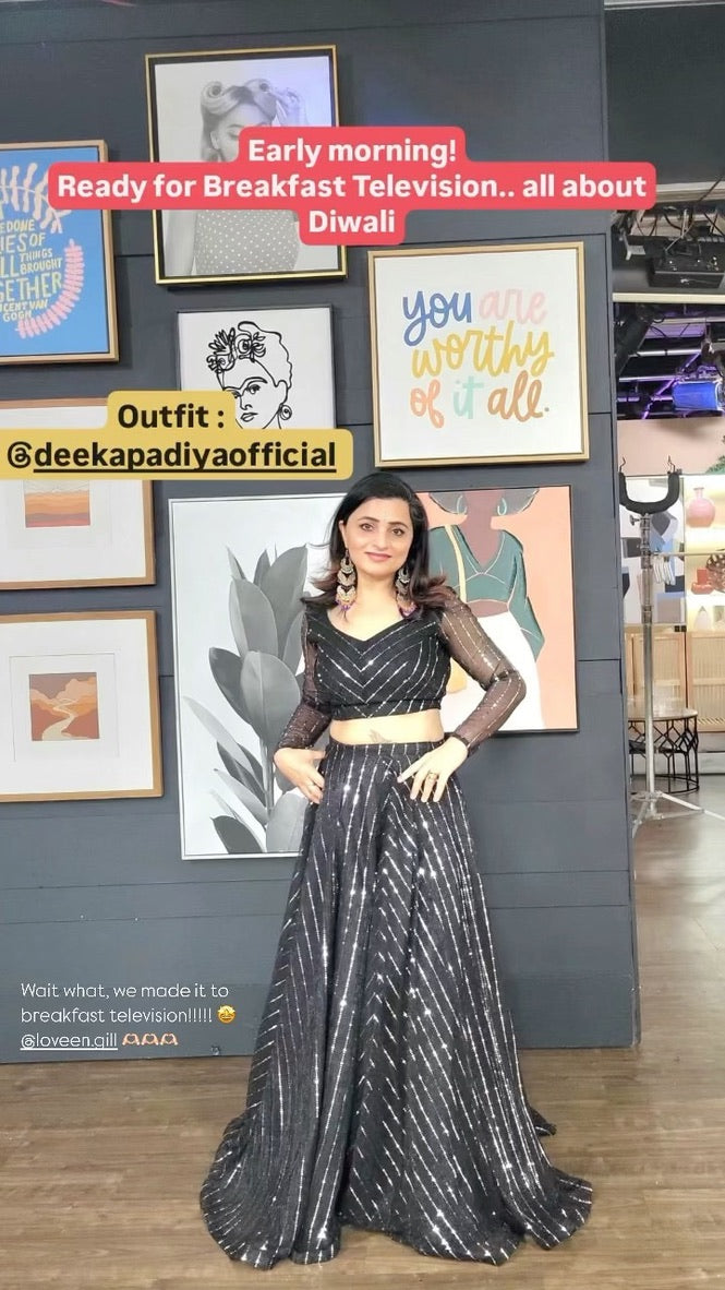 Journalist and Omni TV host Loveen Gill wearing a Dee Kapadiya outfit on Breakfast Television — the brand’s first TV appearance, showcasing modern Indian elegance.