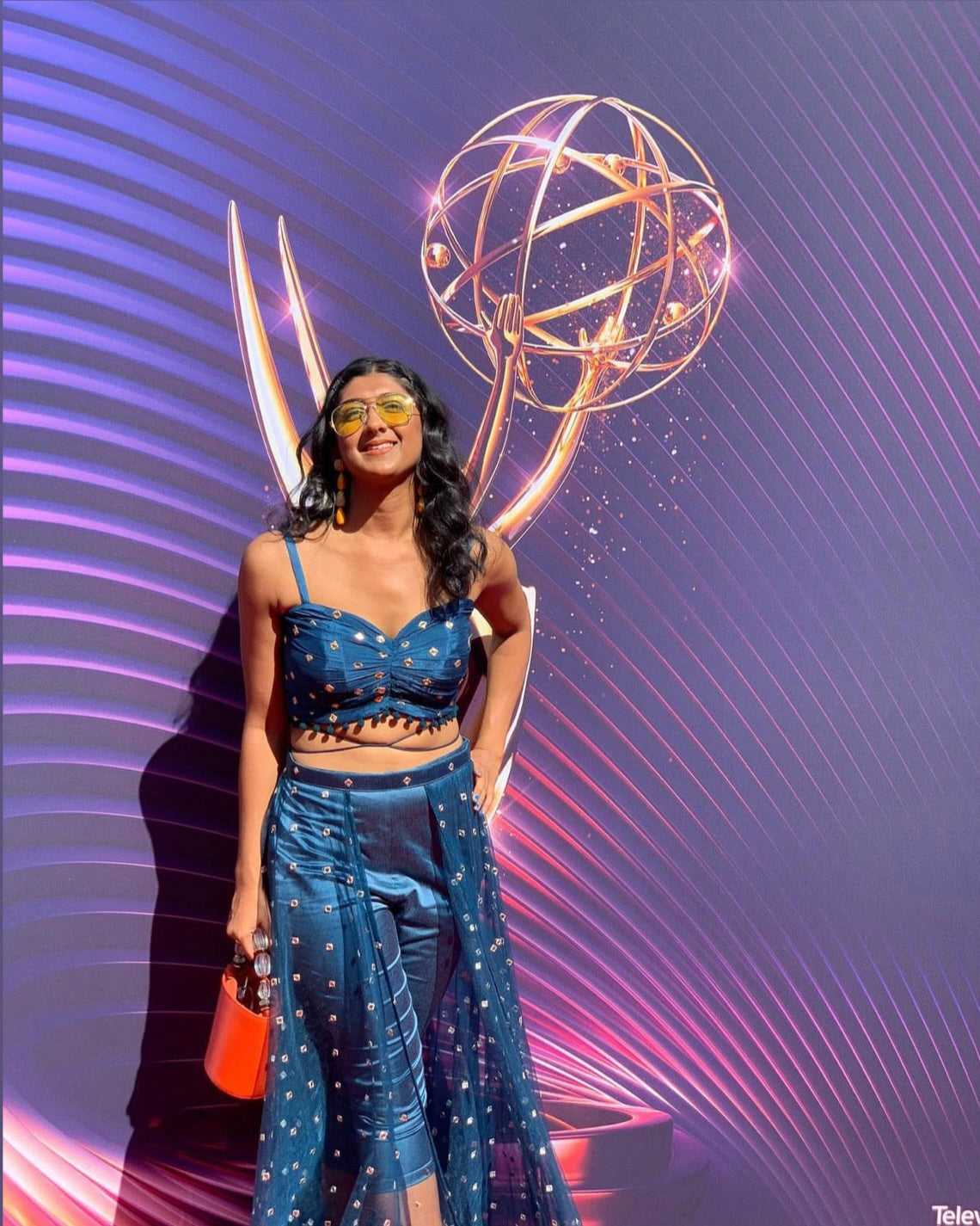 Pratima Mani, writer of The Late Show with Stephen Colbert, wearing a Dee Kapadiya outfit on the Emmy Awards red carpet — the brand’s debut red carpet moment.