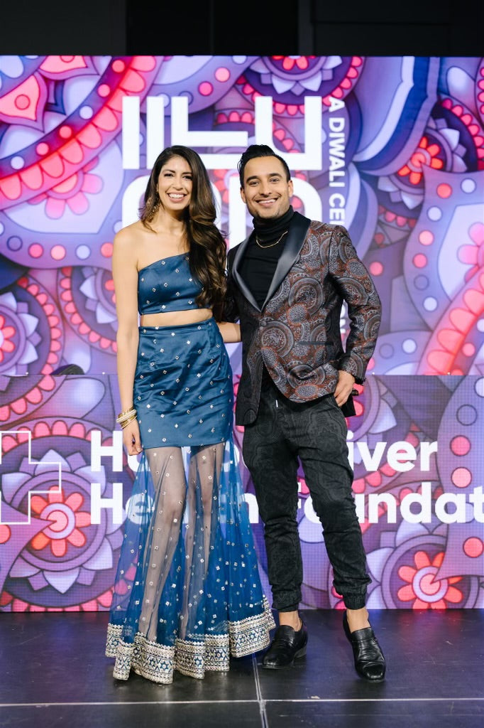 Pooja Handa wearing a Dee Kapadiya outfit at the Humber River Health Foundation Diwali Gala, showcasing modern Indian elegance and festive sophistication.