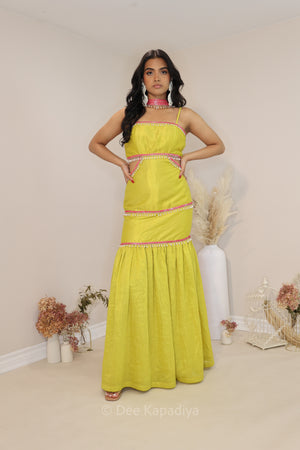 Modern and chic mermaid drop waist dress for pre or post Indian or fusion inter cultural weddings. Just like Shanti Priya in Om Shanti Om, embrace your inner goddess and step into the spotlight with confidence, for in this ensemble, you are not just a women, but a vision - a dream incarnate - a dream-girl.