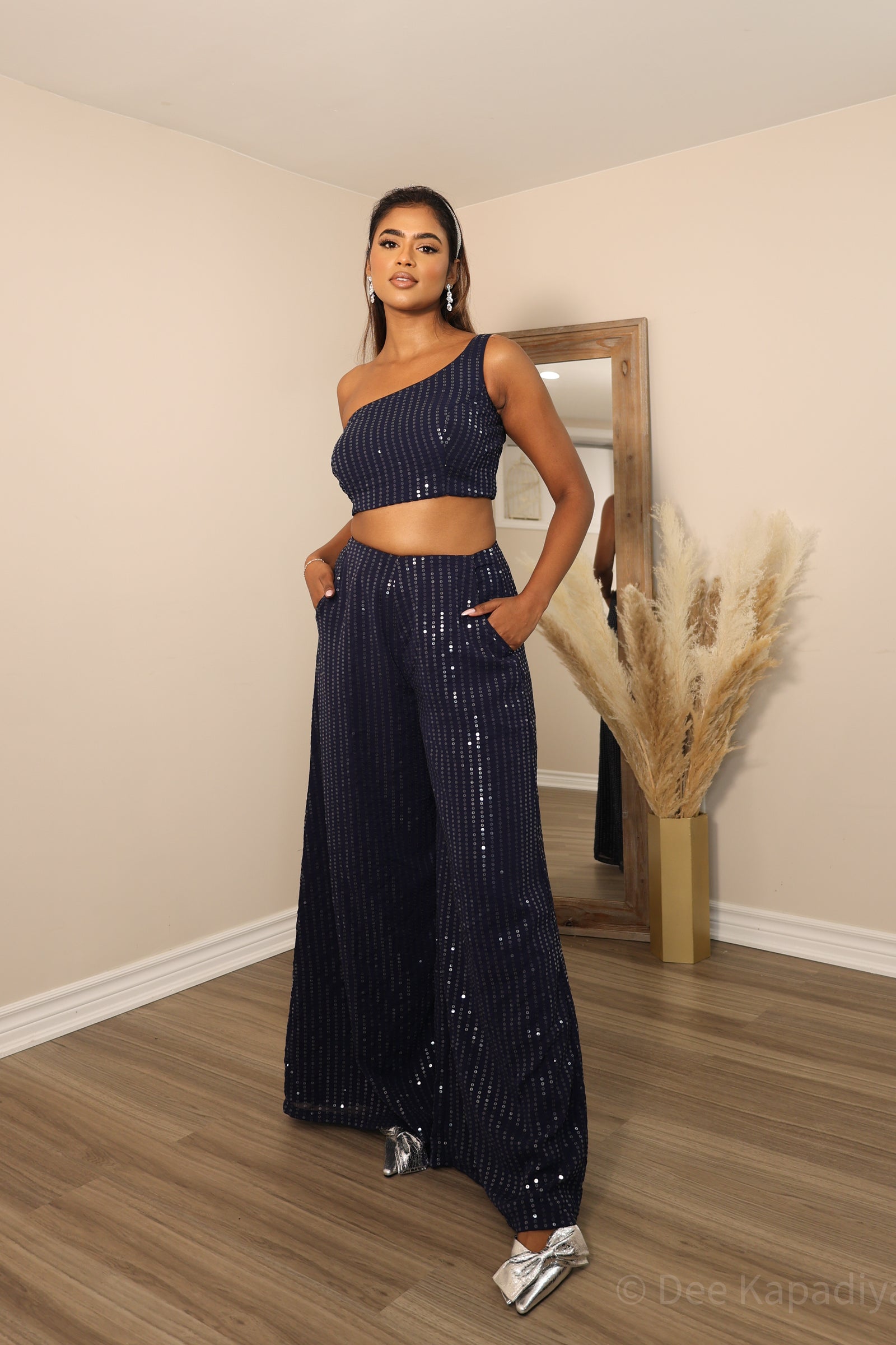 TARA palazzo set in blue and grey sequin fabric