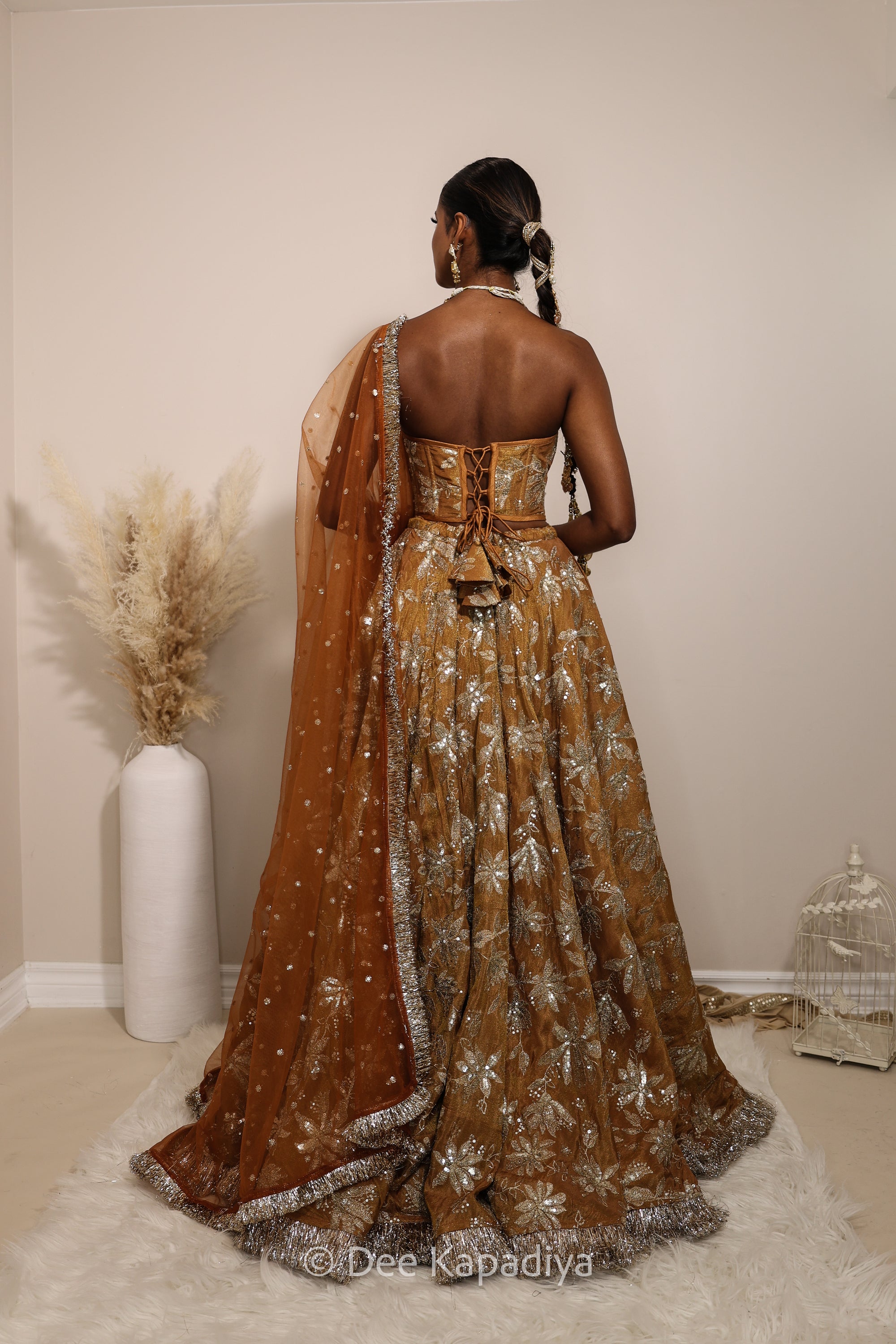 Ahilya Corset amber sienna mustard yellow front with jodha full circle lehenga for jaggo, mehendi, sangeet fall colours