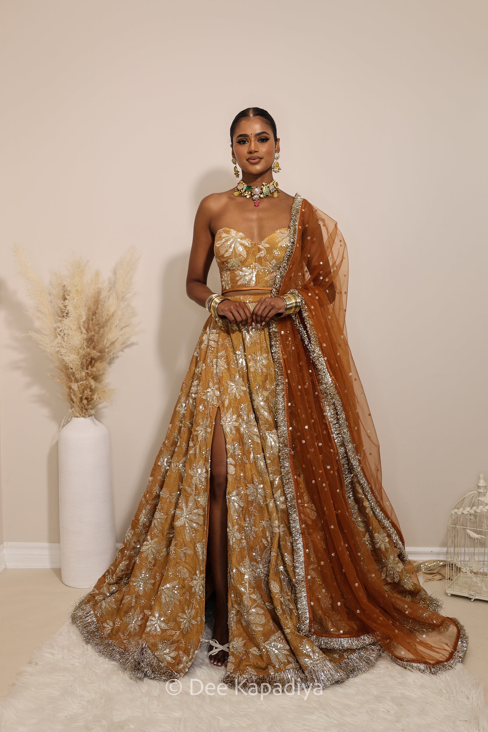 Ahilya Corset amber sienna mustard yellow front with jodha full circle lehenga for jaggo, mehendi, sangeet fall colours