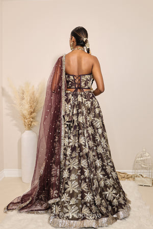 Ahilya Corset with jodha full circle lehenga  back in espresso plum chocolate brown colour for jaggo, mehendi, sangeet fall colours, mehendi