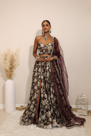 Ahilya Corset with jodha full circle lehenga  front in espresso plum chocolate brown colour for jaggo, mehendi, sangeet fall colours, mehendi
