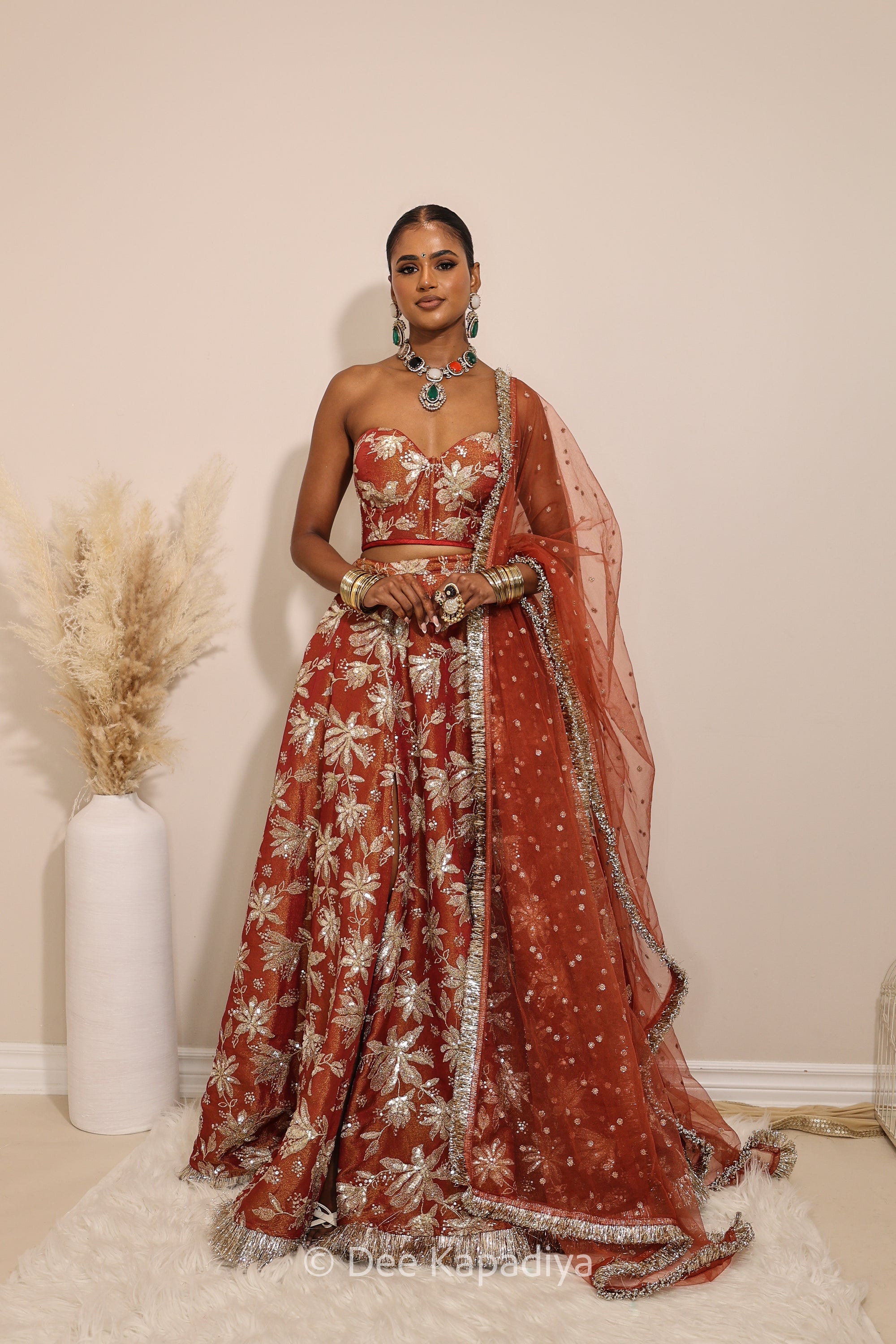 Ahilya Corset with jodha full circle lehenga  front in sunkissed rust for jaggo, mehendi, sangeet fall colours, mehendi, bridal, wedding 