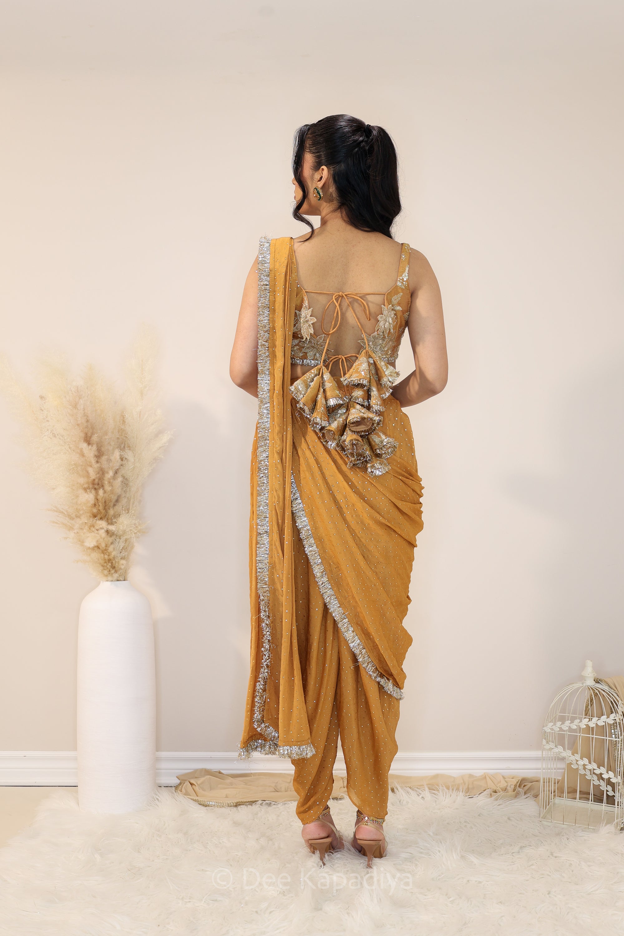 DEVI Dhoti saree with Vaani Croptop Amber Sienna front