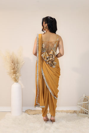 DEVI Dhoti saree with Jodha Croptop Amber Sienna back
