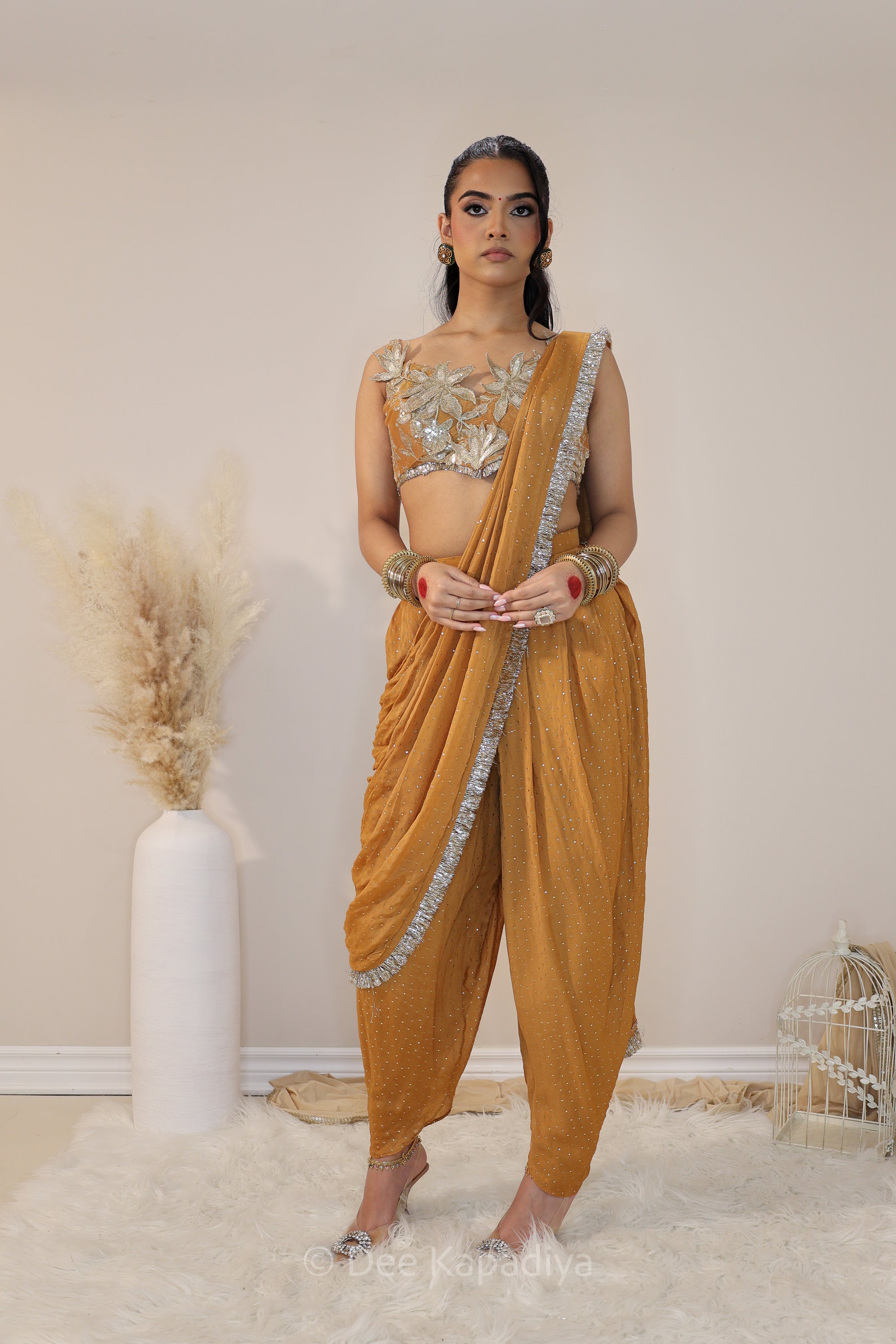 DEVI Dhoti saree with Jodha Croptop Amber Sienna front