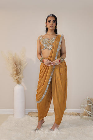 DEVI Dhoti saree with Jodha Croptop Amber Sienna front