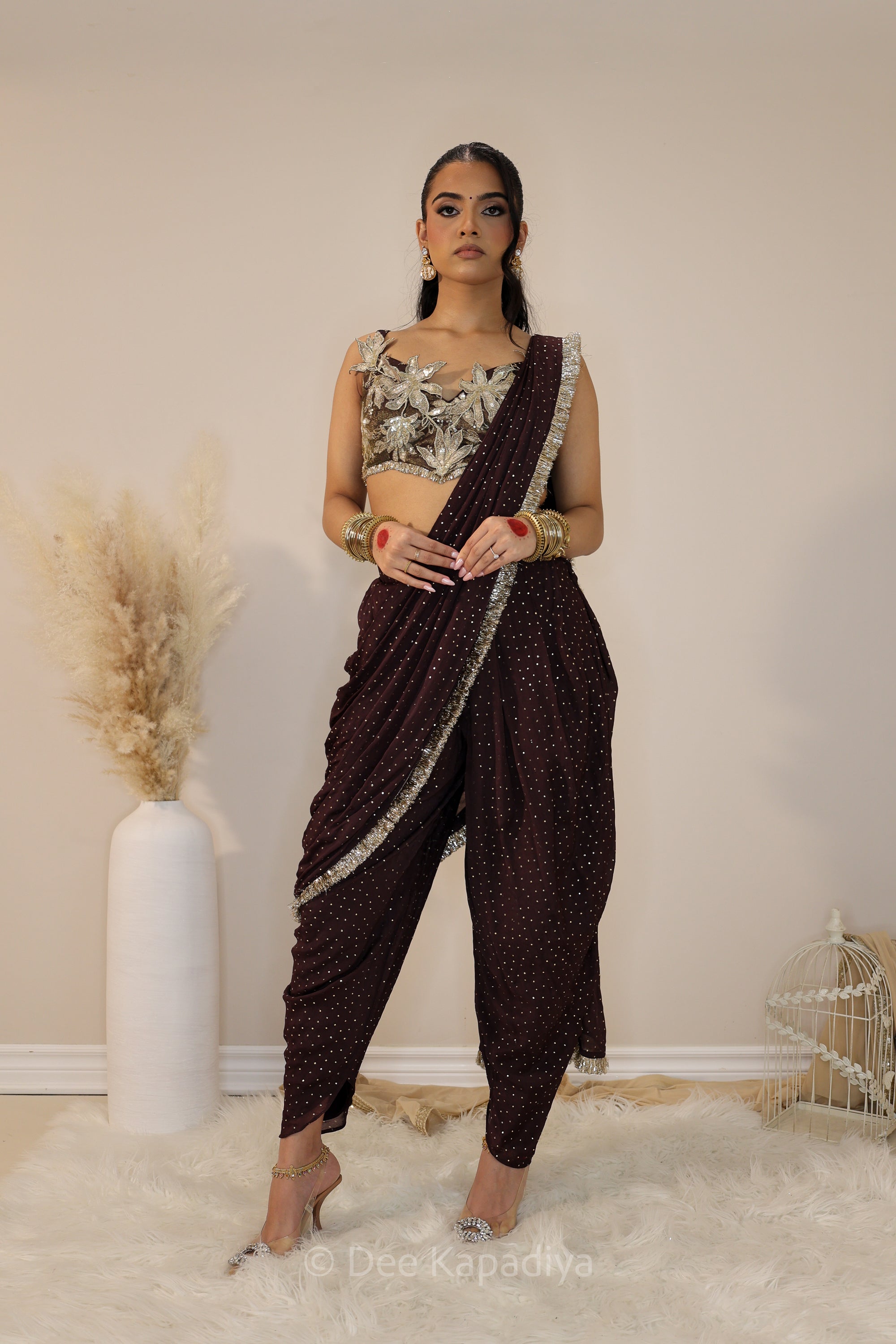 DEVI Dhoti saree with Jodha Croptop espresso plum front