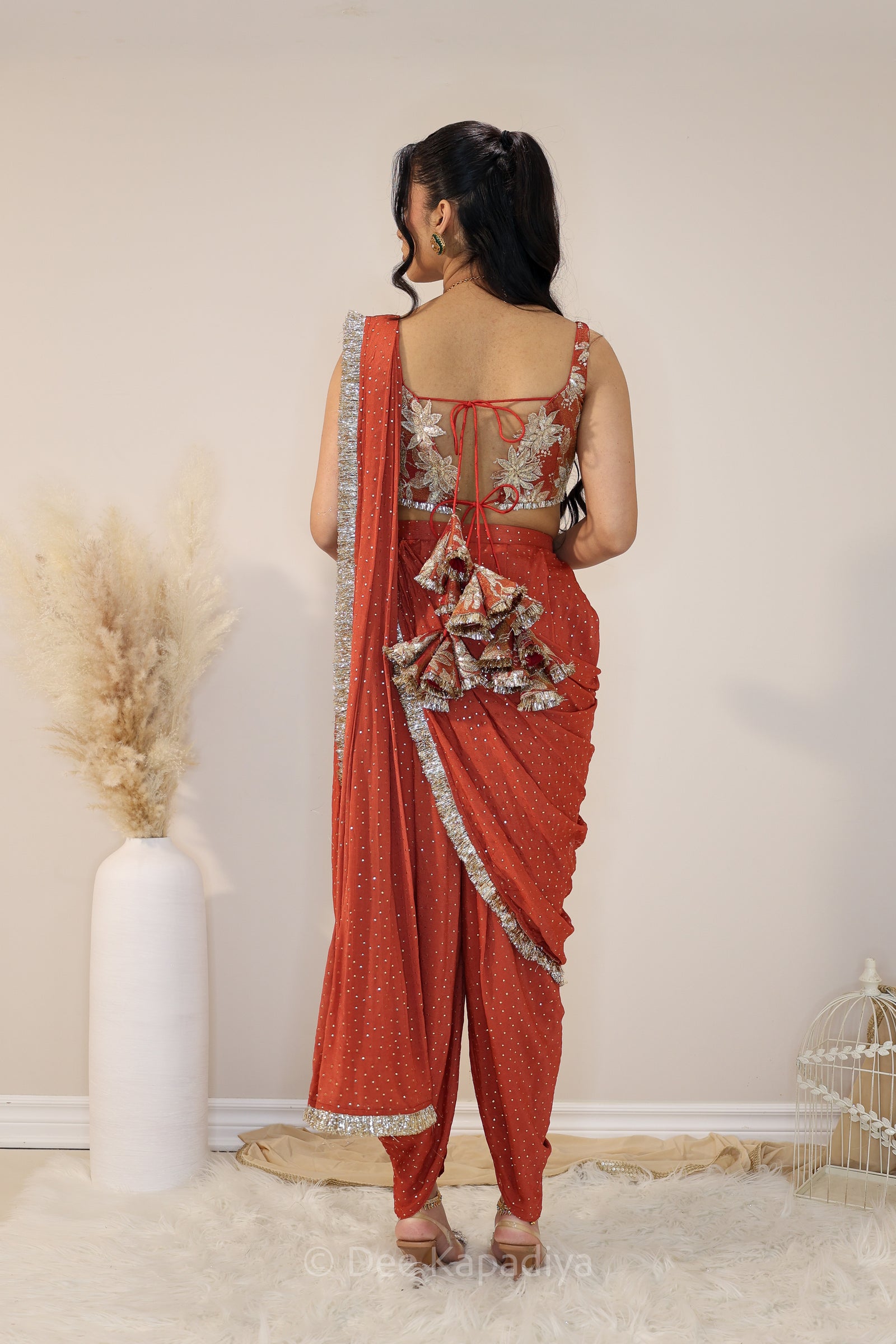 DEVI Dhoti saree with Jodha Croptop sunkissed rust front