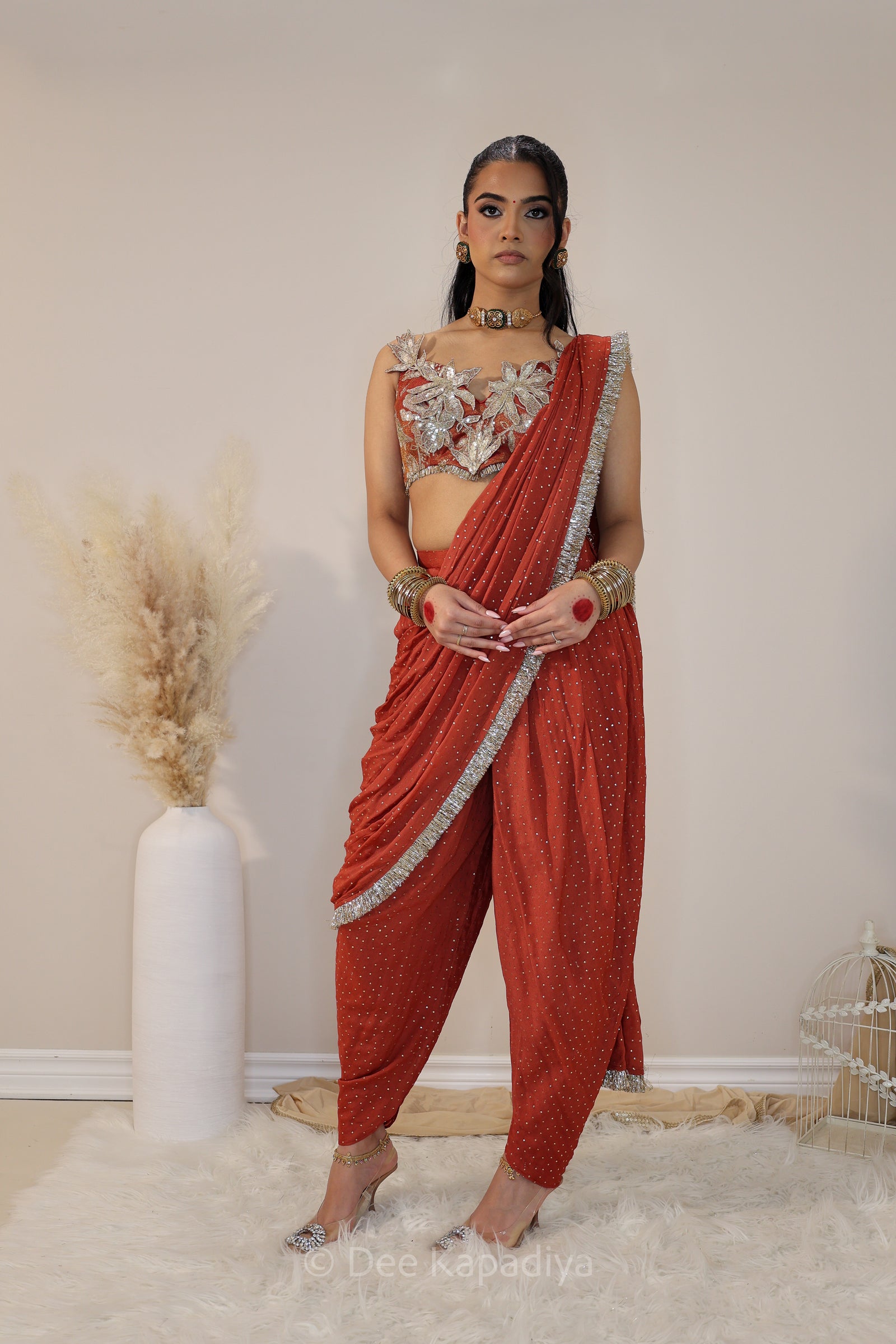 DEVI Dhoti saree with Jodha Croptop sunkissed rust front