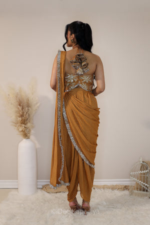 DEVI Dhoti saree with Vaani Croptop Amber Sienna back