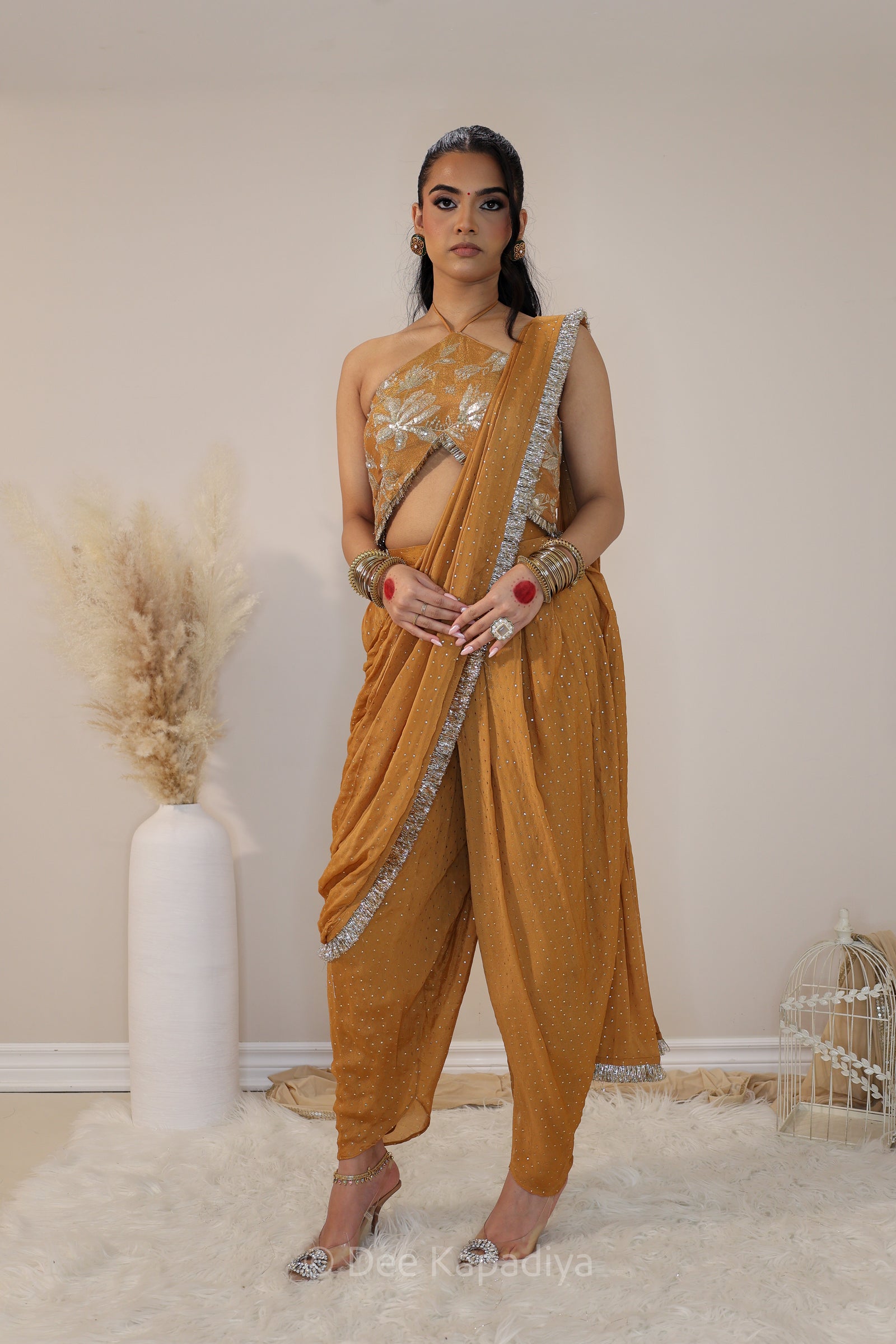 DEVI Dhoti saree with Vaani Croptop Amber Sienna front