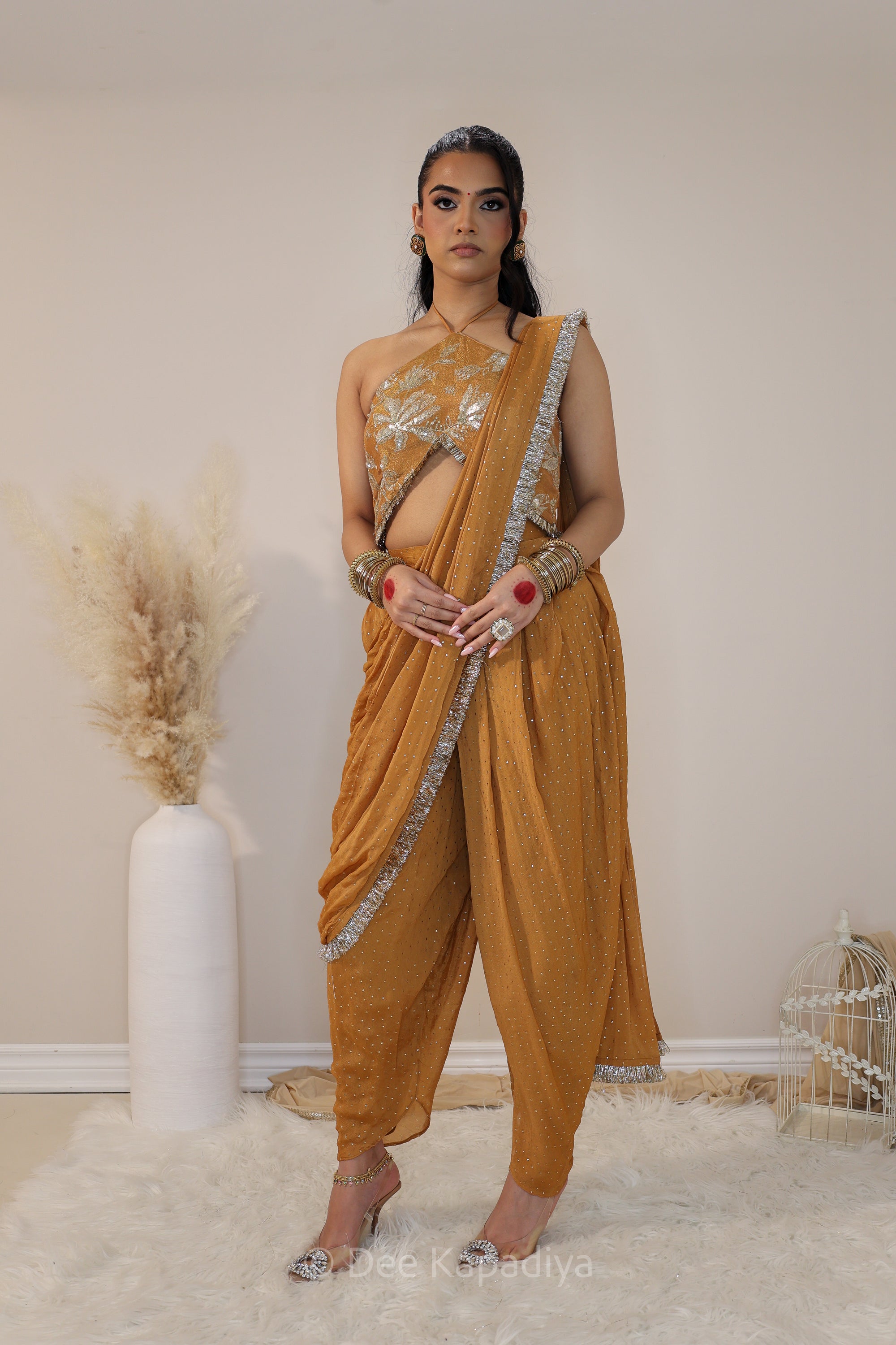 DEVI Dhoti saree with Vaani Croptop Amber Sienna front