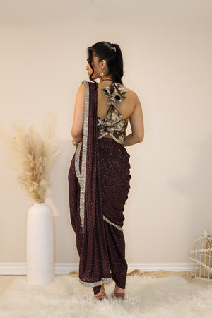 DEVI Dhoti saree with Vaani Croptop espresso plum back