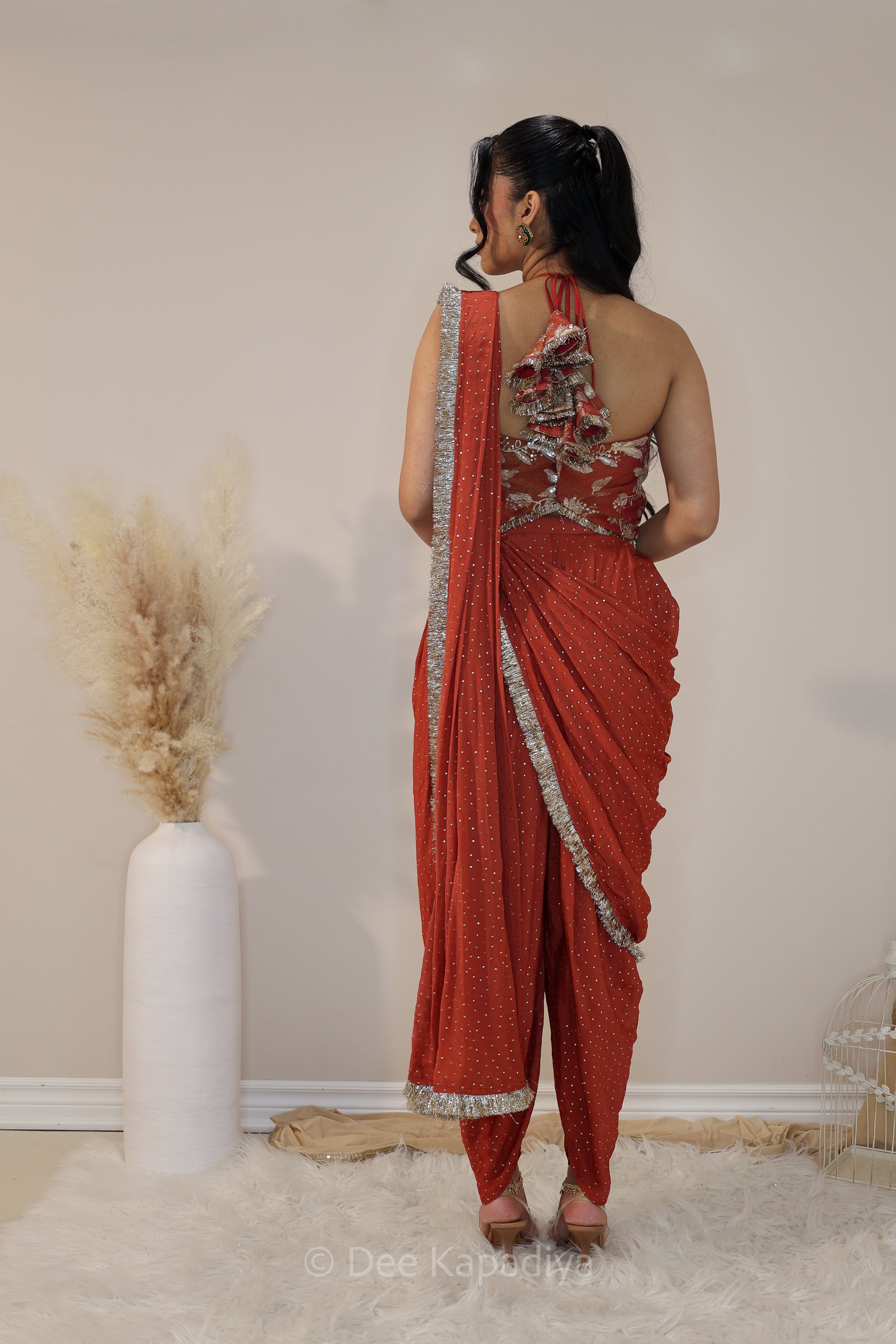 DEVI Dhoti saree with Vaani Croptop sunkissed rust back