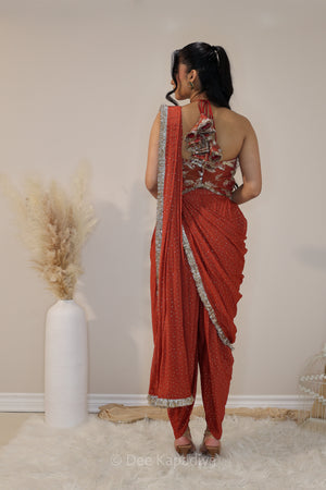 DEVI Dhoti saree with Vaani Croptop sunkissed rust back