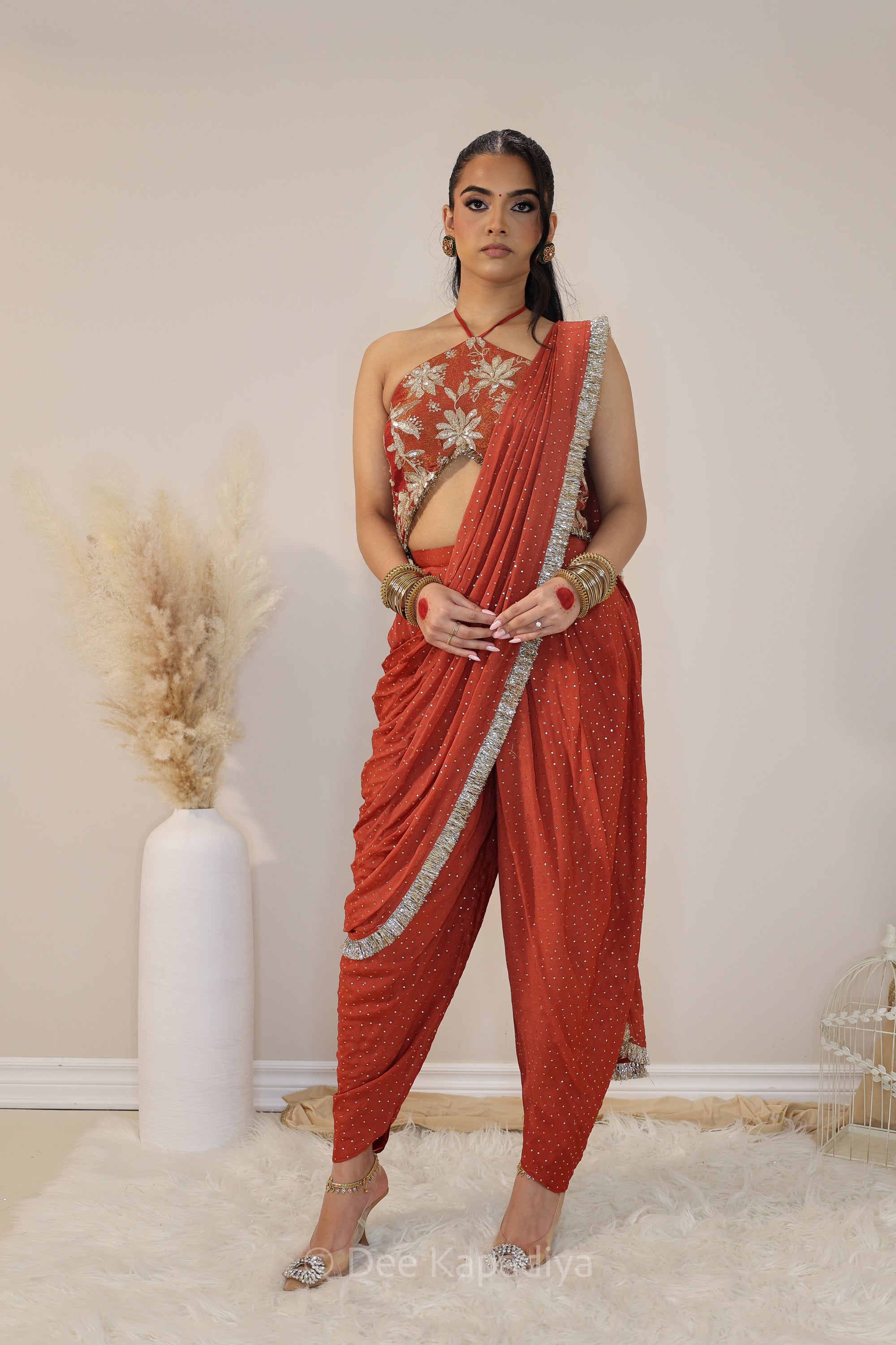 DEVI Dhoti saree with Vaani Croptop sunkissed rust front