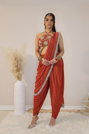 DEVI Dhoti saree with Vaani Croptop sunkissed rust front