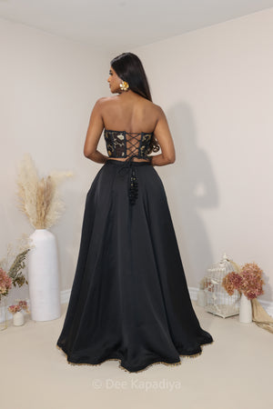 Classic black and gold lehenga loved by all desi girl, perfect for dancing and twirling with slit and pockets