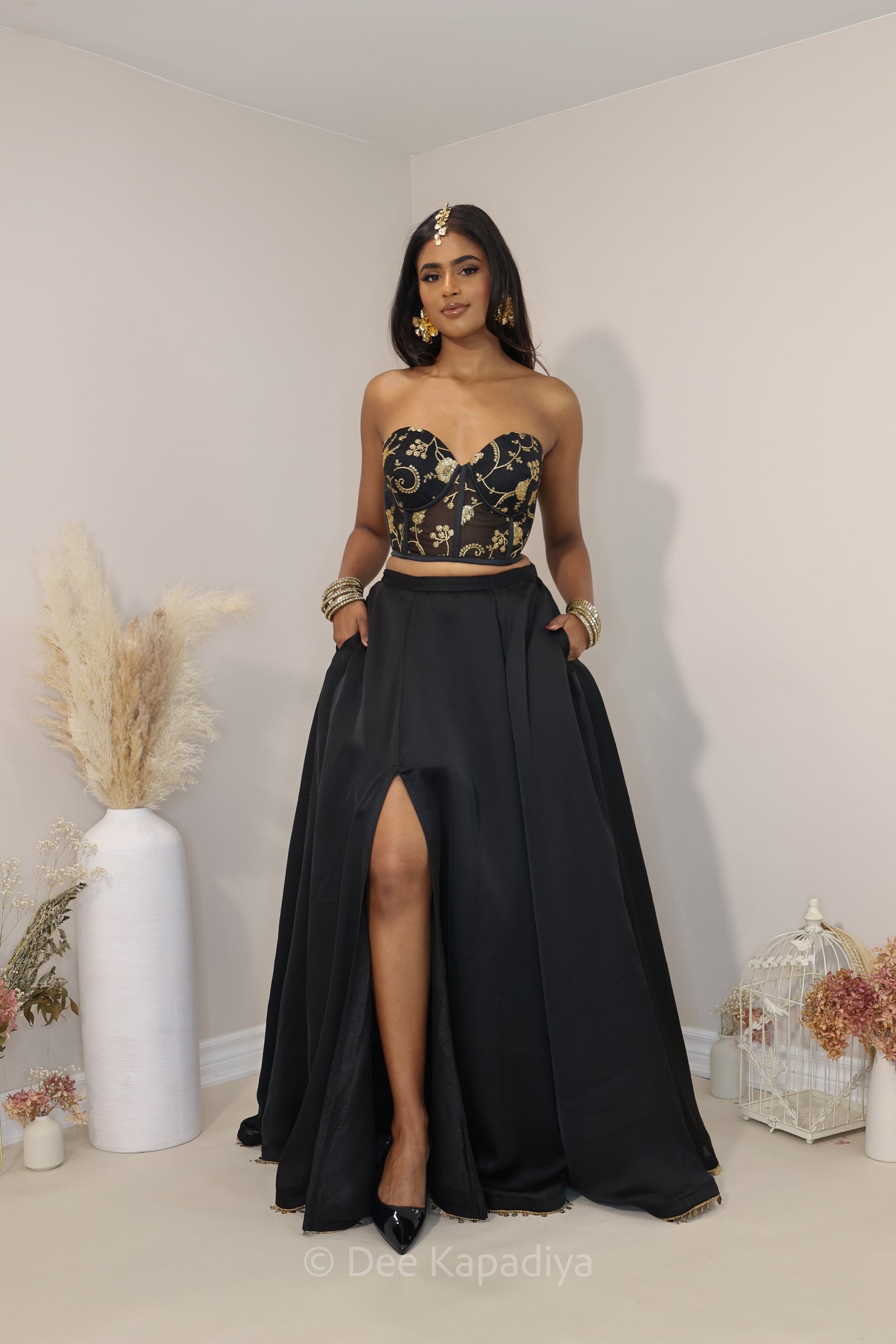 Classic black and gold lehenga loved by all desi girl, perfect for dancing and twirling with slit and pockets