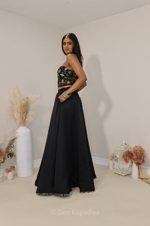 Classic black and gold lehenga loved by all desi girl, perfect for dancing and twirling with slit and pockets