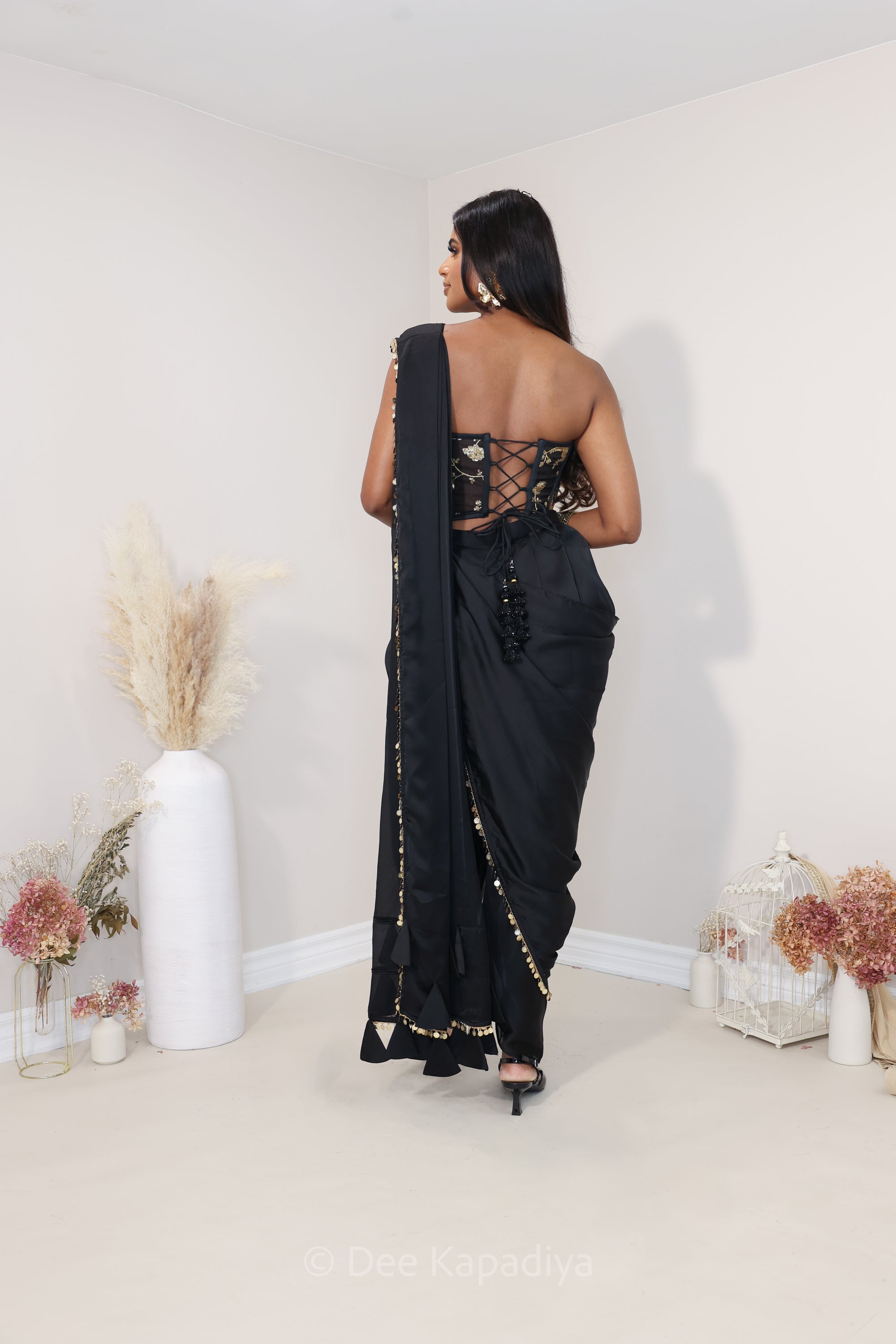Dhoti saree in classic black and gold, for your pre wedding events or welcome dinner black tie event