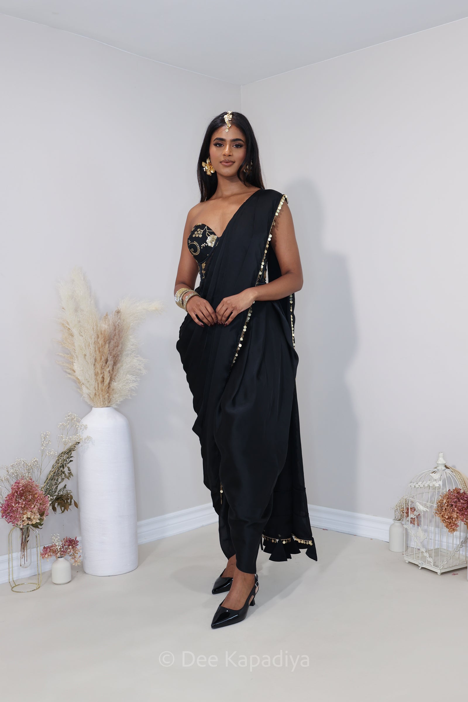 Dhoti saree in classic black and gold, for your pre wedding events or welcome dinner black tie event