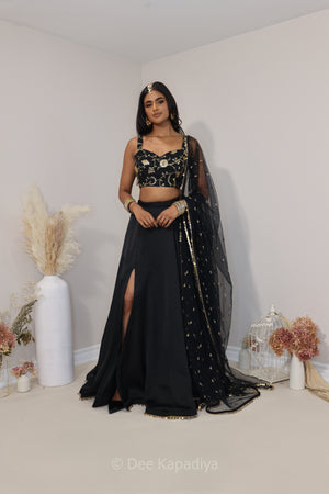 Classic black and gold lehenga loved by all desi girl, perfect for dancing and twirling with slit and pockets