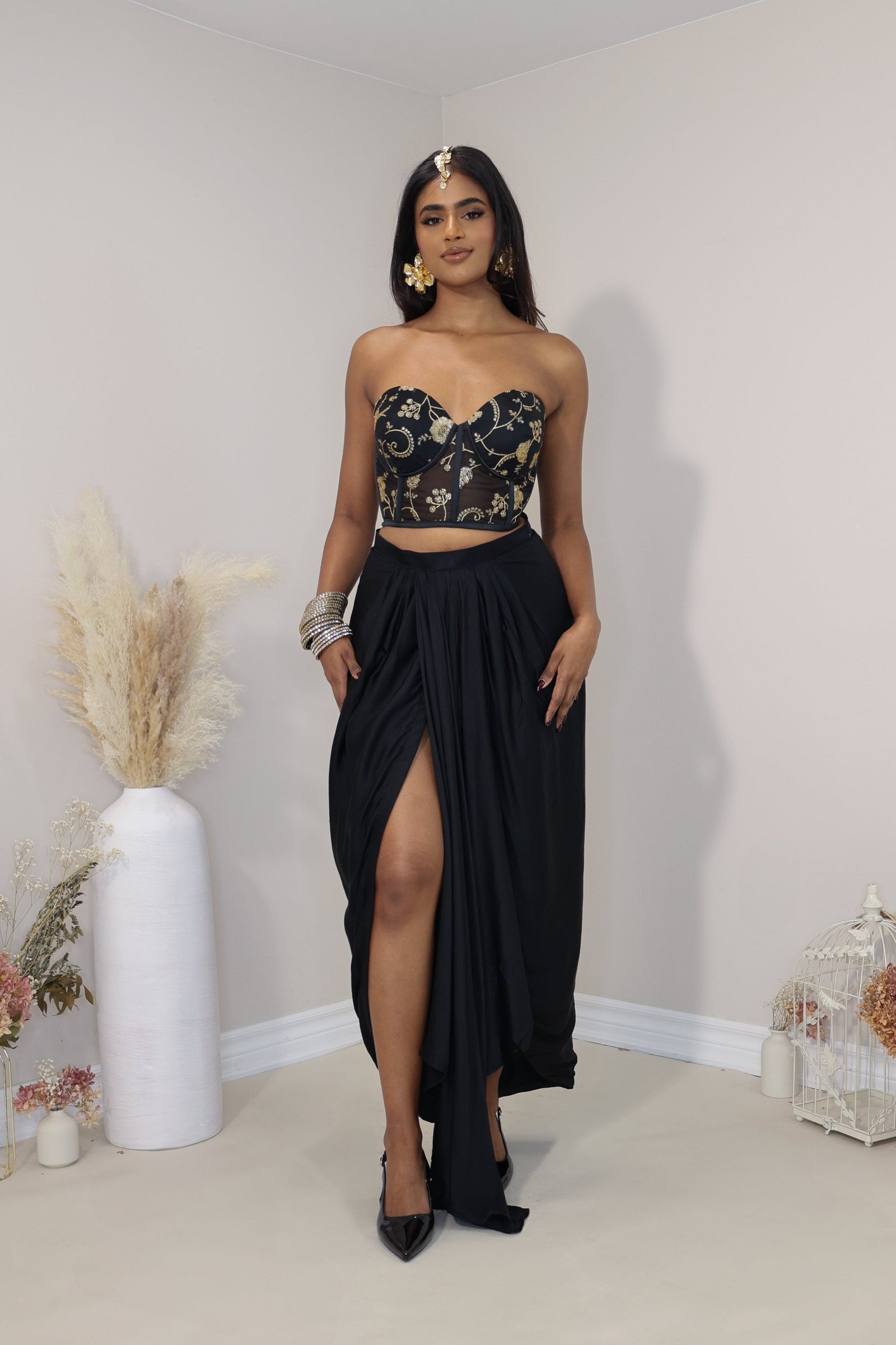 Classic black and gold draped skirt loved by all desi girl, chic and sexy 