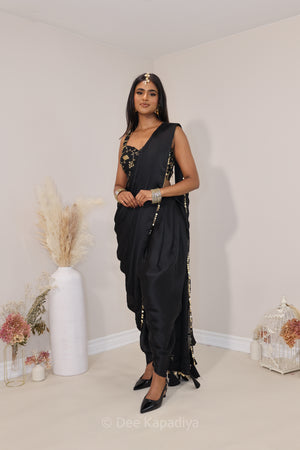 Dhoti saree in classic black and gold, for your pre wedding events or welcome dinner black tie event