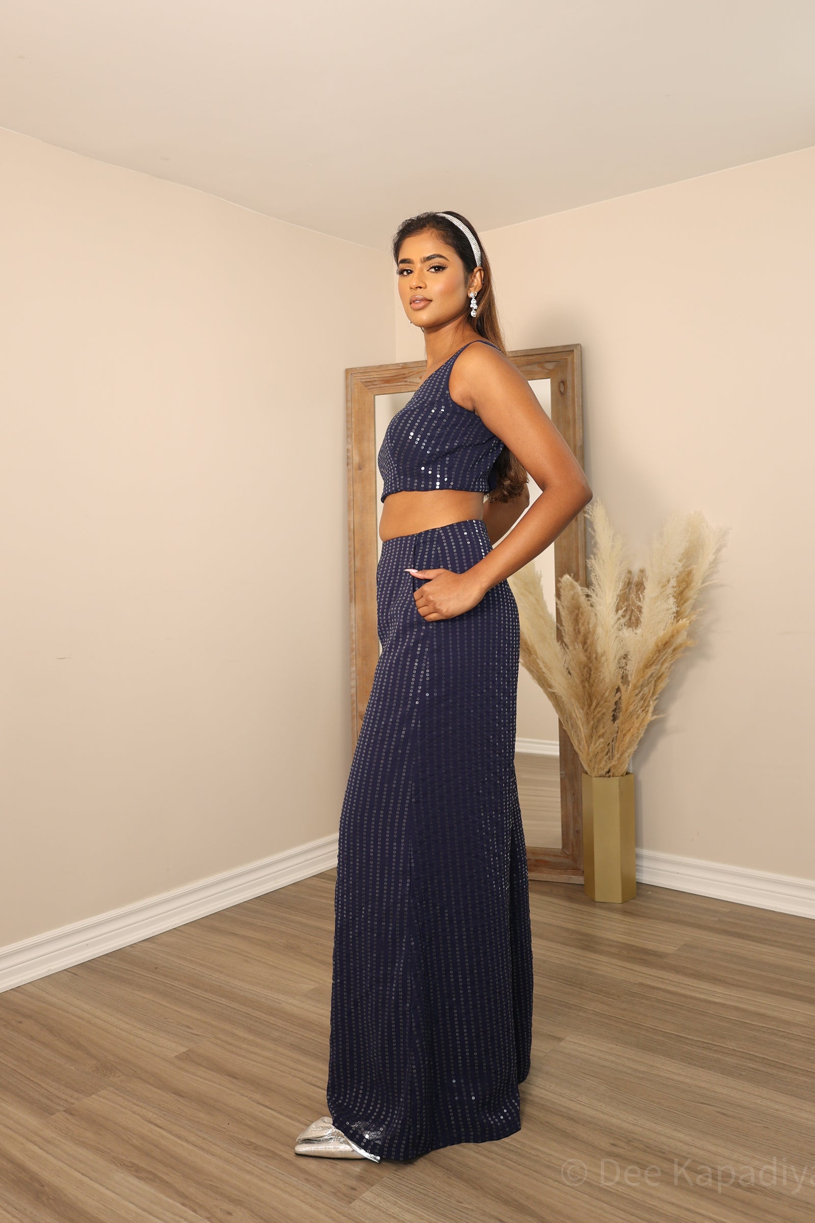 TARA palazzo set in blue and grey sequin fabric