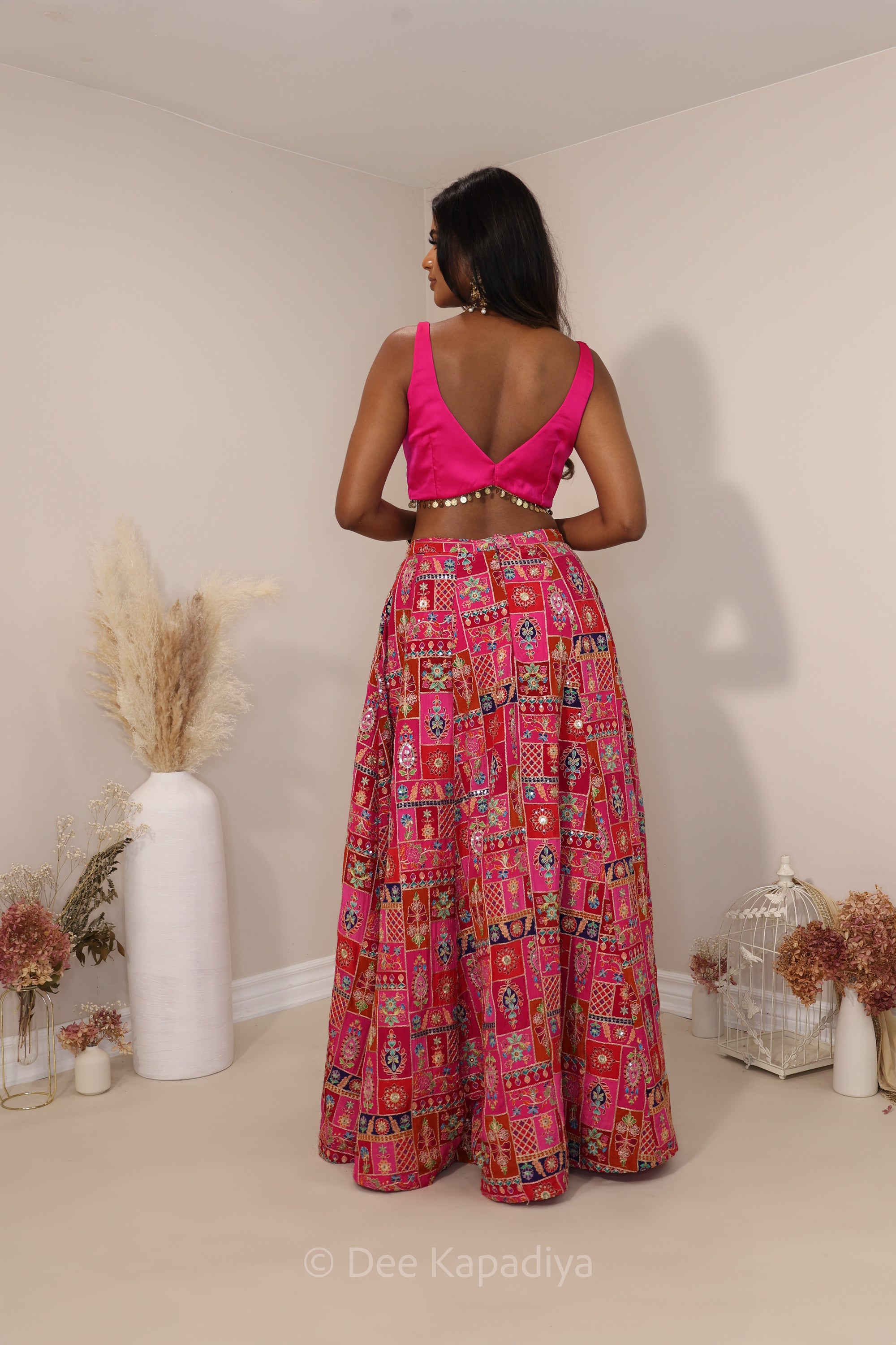 hot pink multi colour printed croptop and lehenga set for pre and post indian multicultural weddings