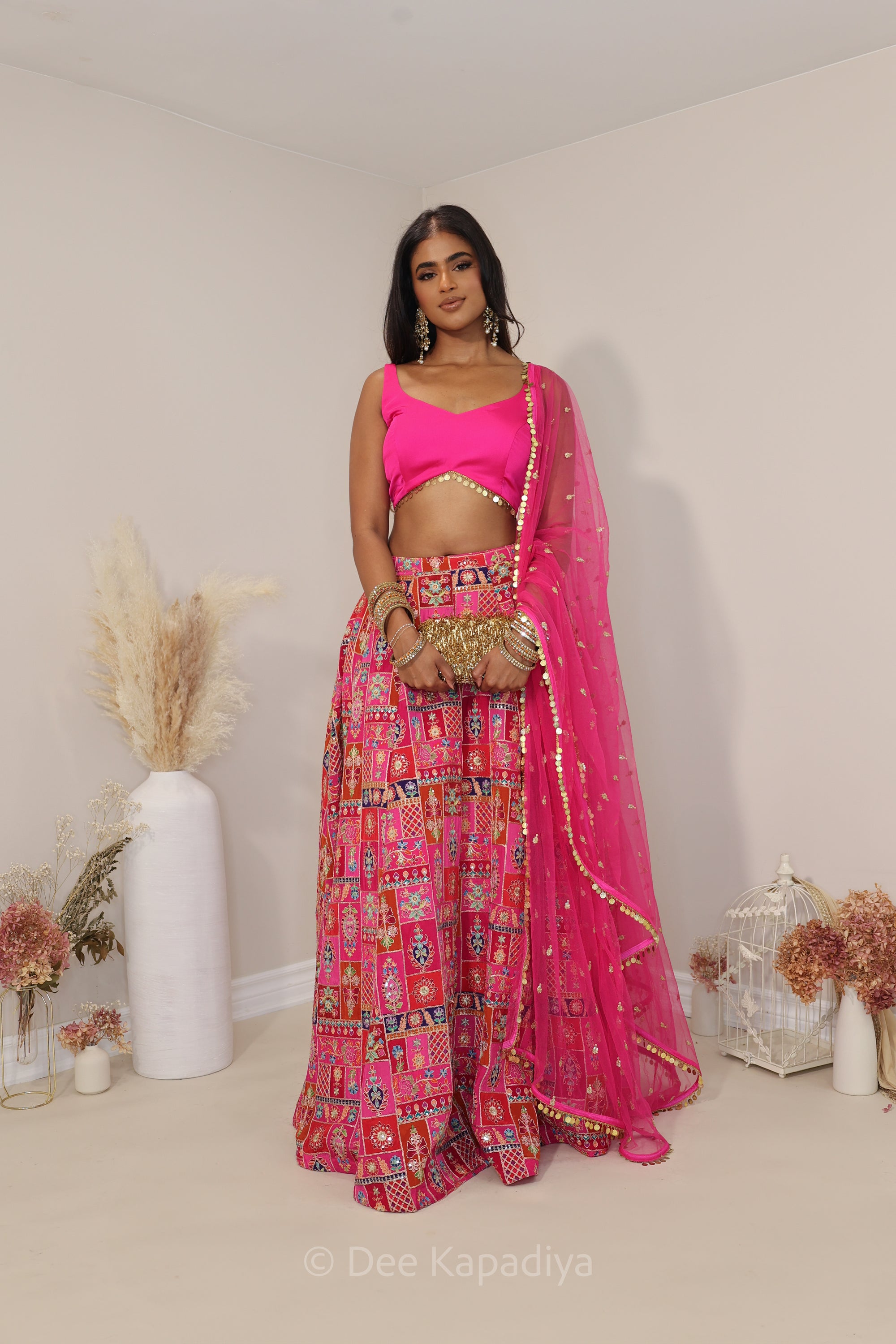 hot pink multi colour printed croptop and lehenga set for pre and post indian multicultural weddings