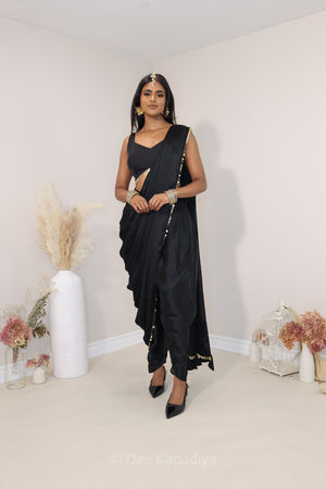 Dhoti saree in classic black and gold, for your pre wedding events or welcome dinner black tie event