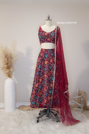 HENNA CROPPED LEHENGA SET-RED-FRONT