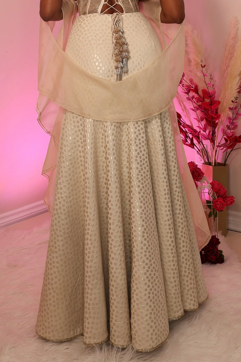 Ecru colour ruffle frill organza shawl dupatta embellished with copper glitter sequin edging. 