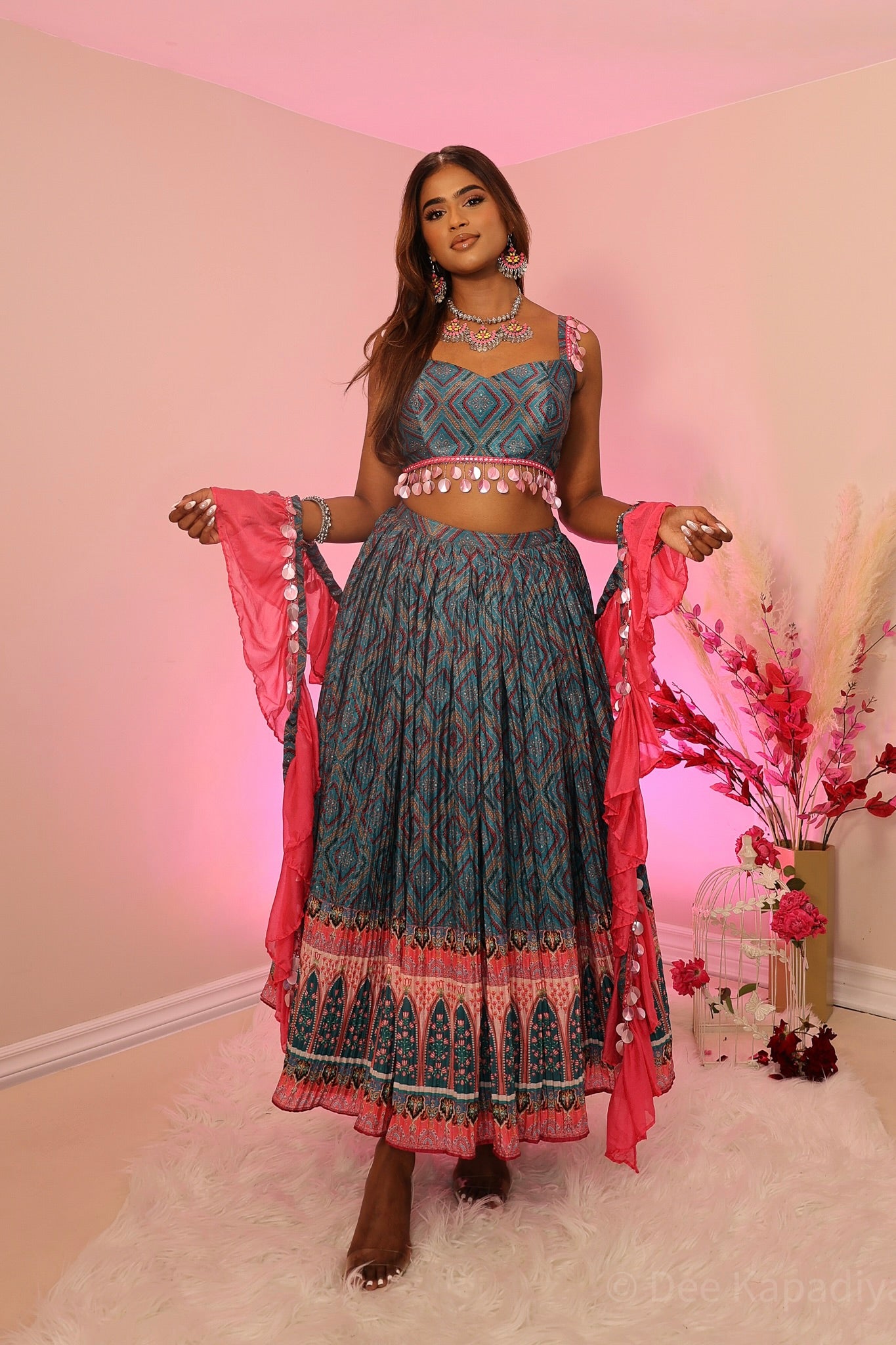Pink & Blue multicoloured printed & pleated cropped/midi skirt croptop shawl set with big structured sequin tassels, perfect for mehendi and haldi ceremony