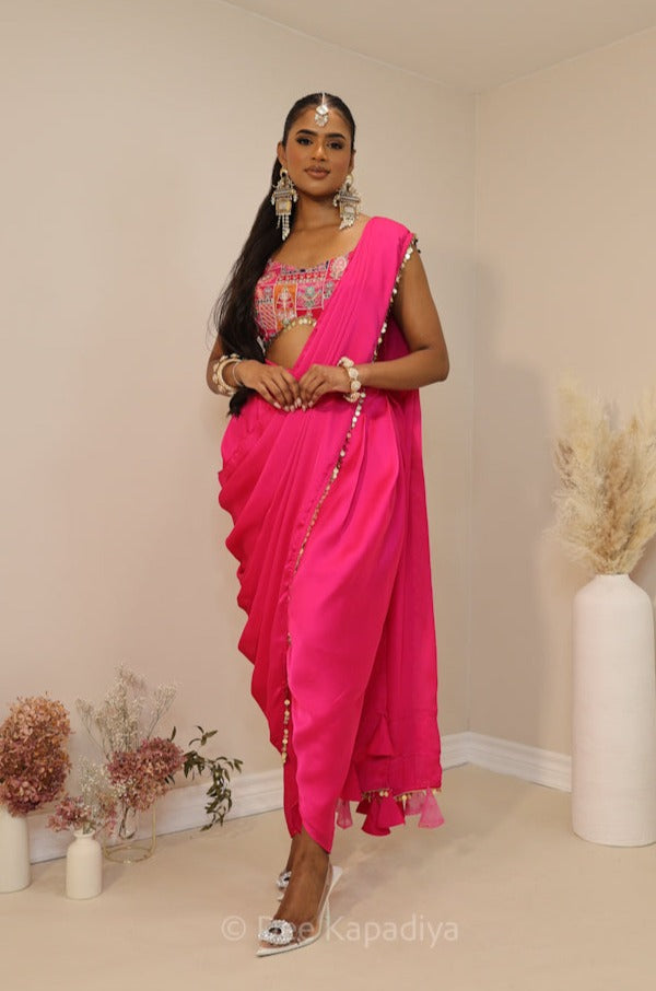 Simran from DDLJ giving you all the hot pink vibes in this gorgeous silky dhoti saree with croptop for mehendi or fiesta event