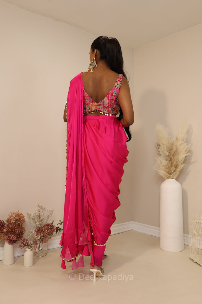 Simran from DDLJ giving you all the hot pink vibes in this gorgeous silky dhoti saree with croptop for mehendi or fiesta event