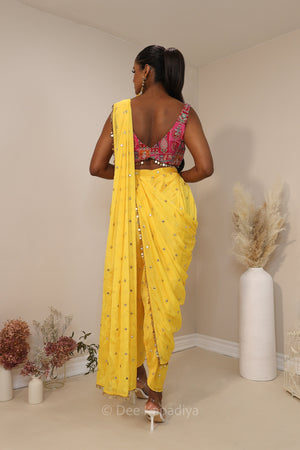 Ananya giving you all the yellow vibes in this gorgeous silky dhoti saree with croptop for haldi or fiesta event