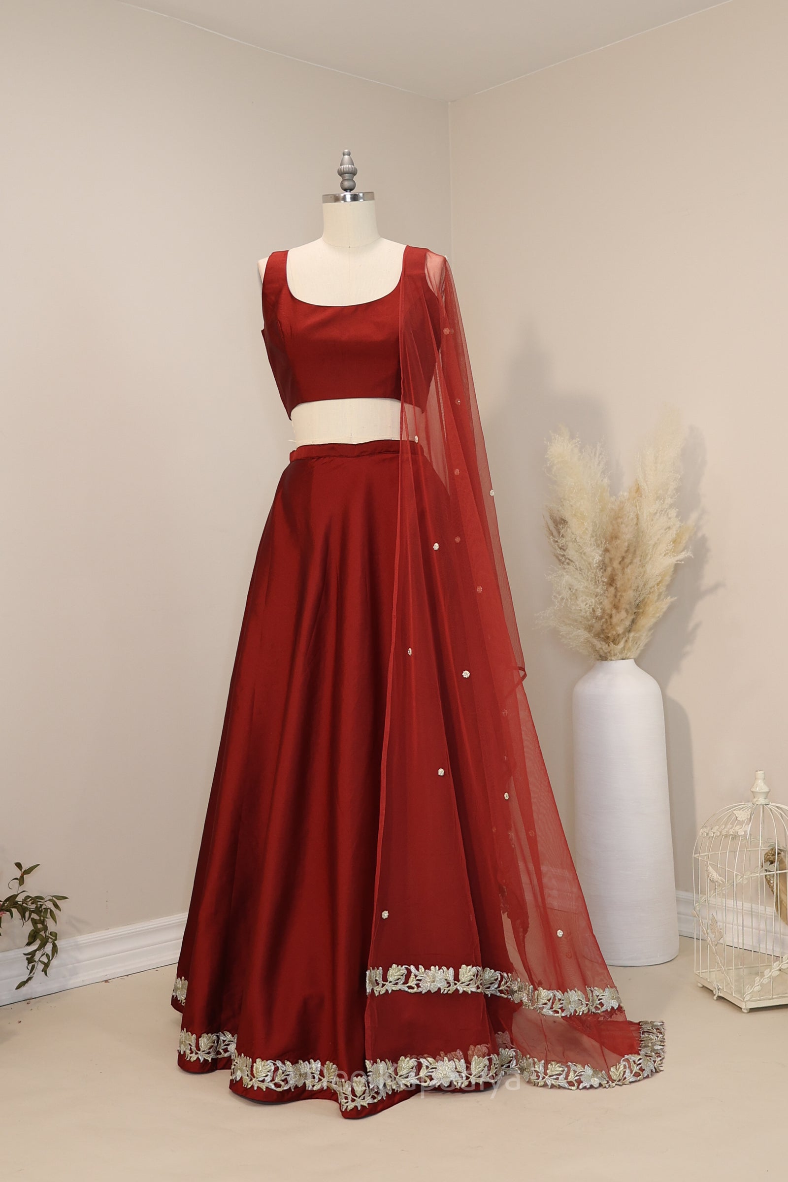 DUA BURGUNDY LEHENGA SET - perfect for wedding guest in classic style and versatile lehenga. Designer wear, trendy designs.