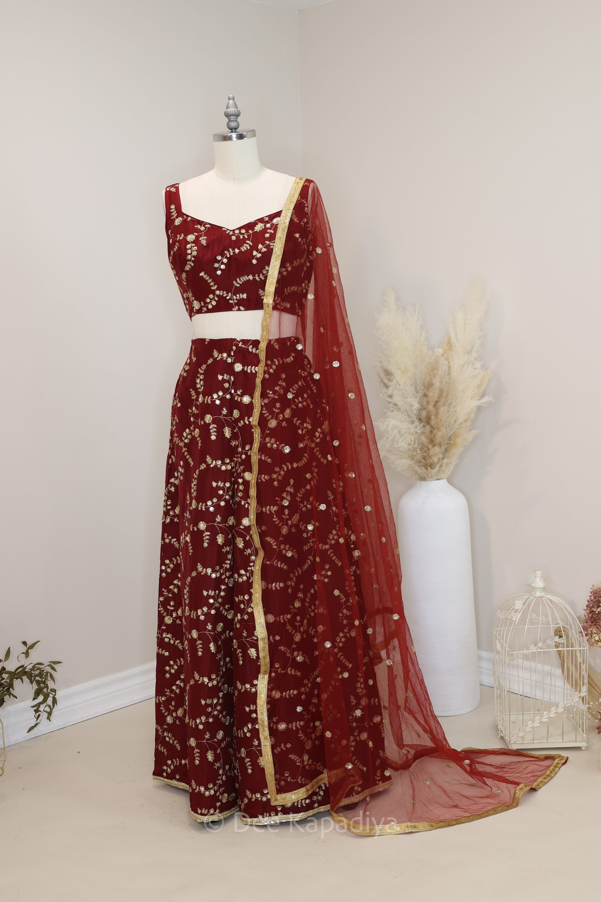 Zari floral embroidery MAROON palazzo sets. Get the sparkle on this season! PERFECT FOR GUEST AT A WEDDING.