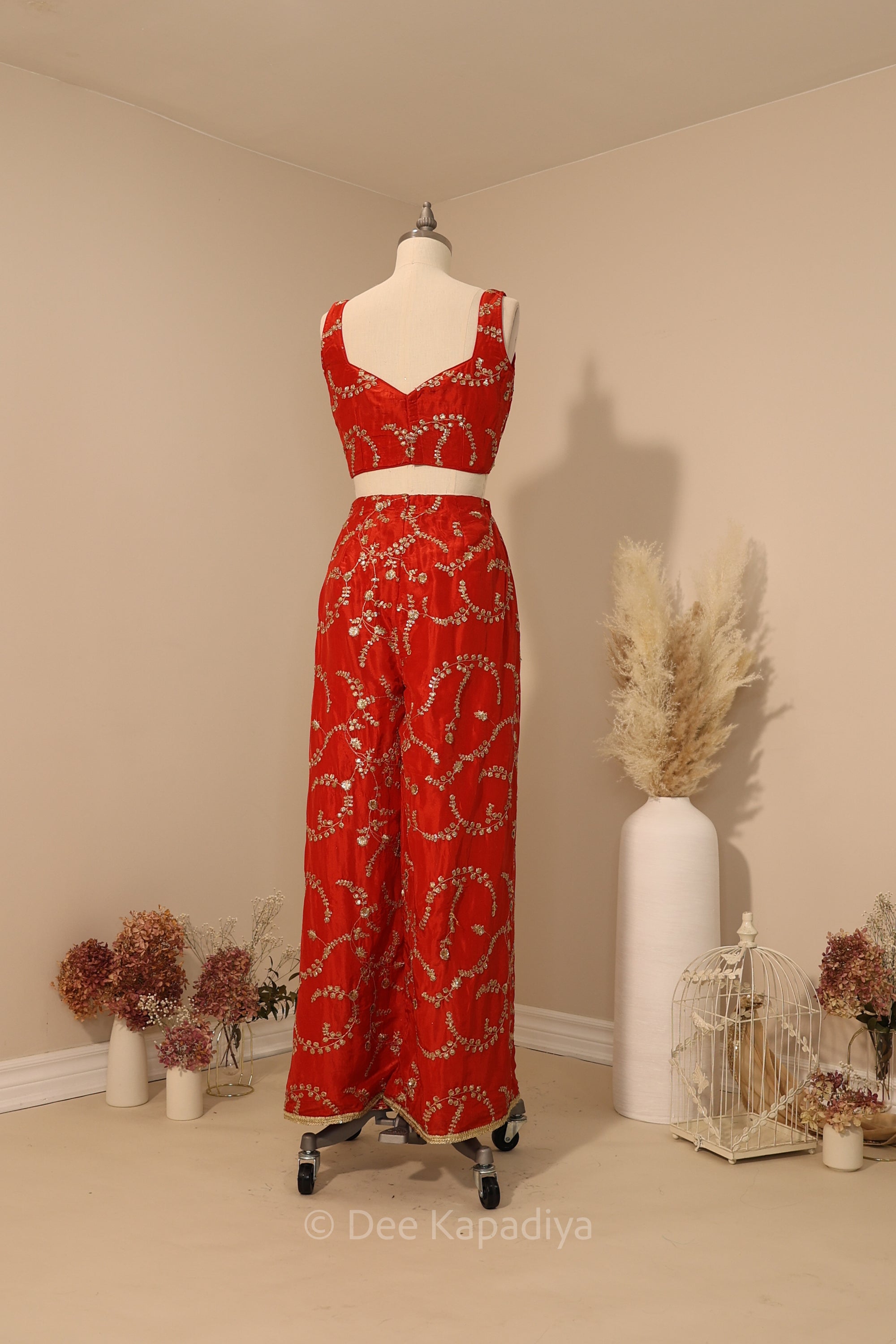 READY TO SHIP, exclusively online. Zari floral embroidery red palazzo sets. Get the sparkle on this season! PERFECT FOR GUEST AT A WEDDING.