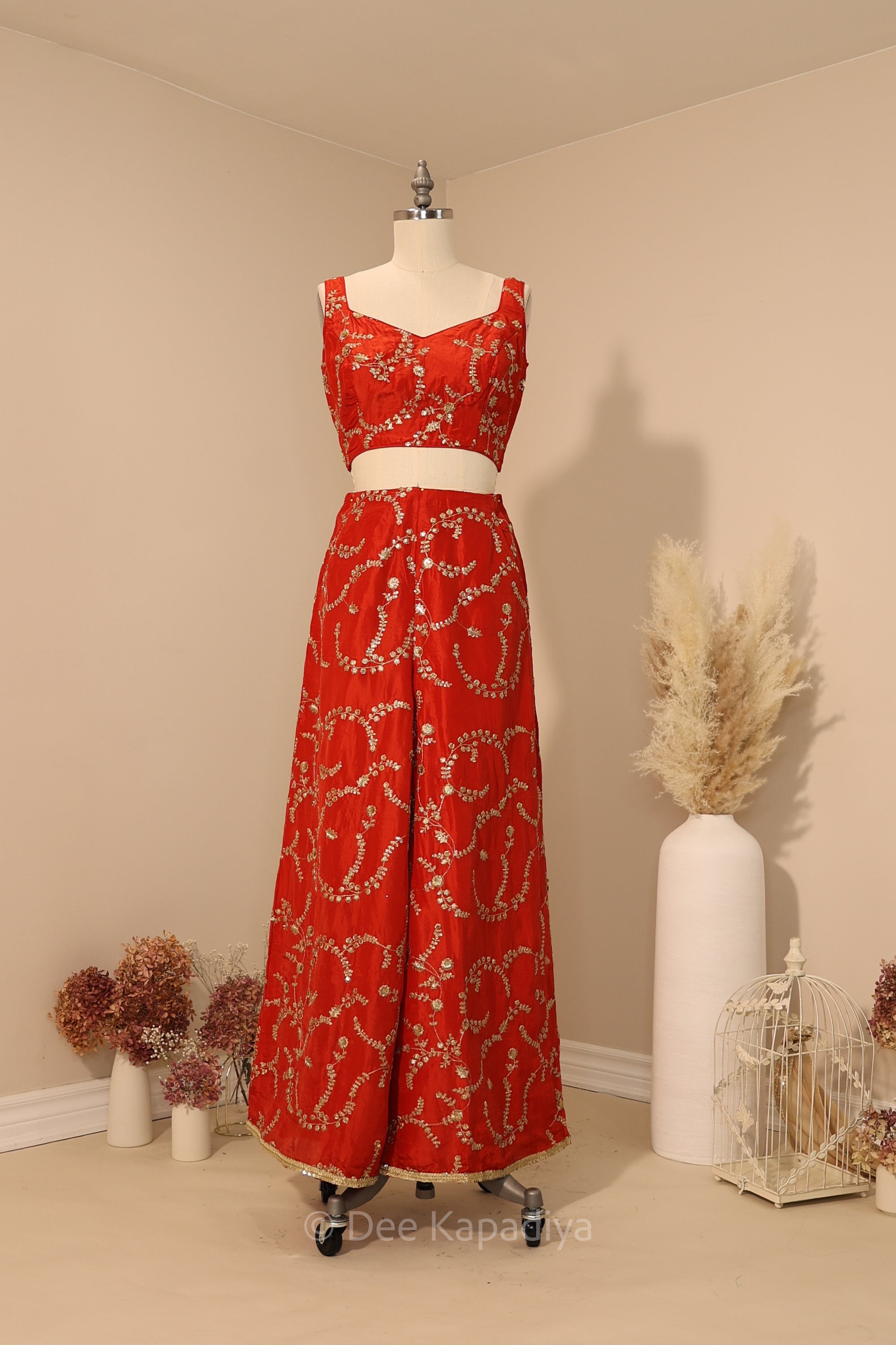 READY TO SHIP, exclusively online. Zari floral embroidery red palazzo sets. Get the sparkle on this season! PERFECT FOR GUEST AT A WEDDING.