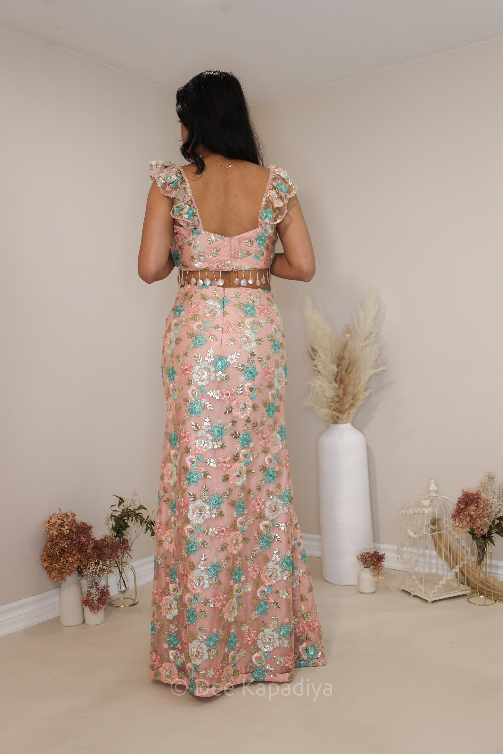 Modern and chic straight lehenga set in PEACH FUZZ in multicolour pastel for pre or post Indian or fusion inter cultural weddings. Perfect for your mehendi party, bridal shower, or as a wedding guest!