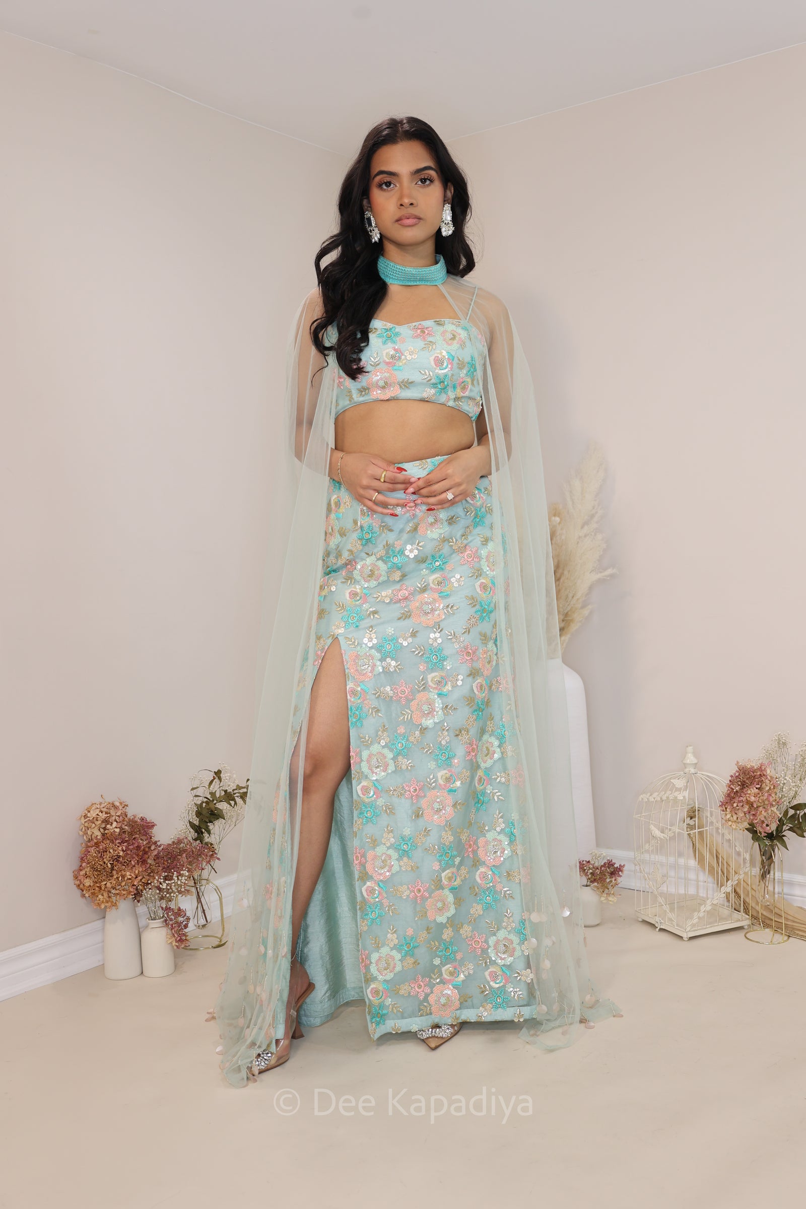 Rani from queen, soft tone seafoam colour mermaid lehenga set with cape for sangeet, welcome dinner and wedding reception